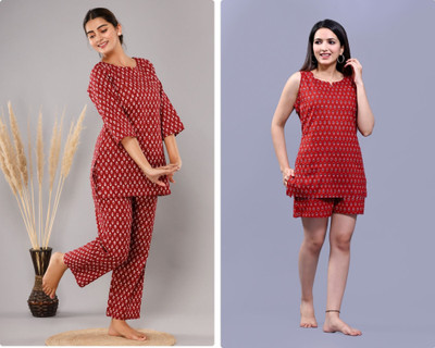 hustle bustle Women Printed Red Night Suit Set