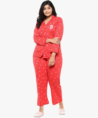 Instafab Plus Women Polka Print Red Top & Pyjama Set