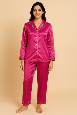 G-KA Women Solid Pink Night Suit Set