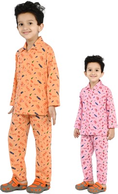 The RN creation Boys Printed Pink, Orange Shirt & Pyjama set