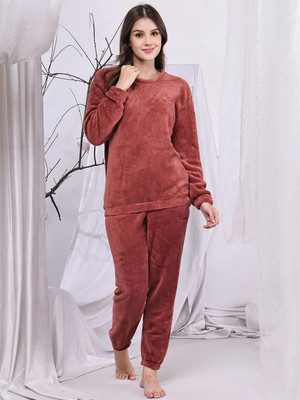 FitIn OutFit Women Solid Red Night Suit Set