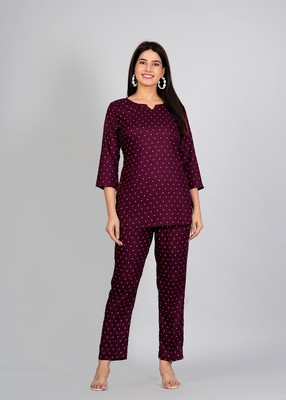 gobya Women Polka Print Maroon Top & Pyjama Set