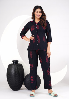 Gothda feb Women Printed Black Shirt & Pyjama set