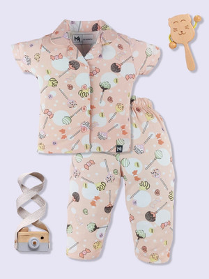 YK X Minute Mirth Baby Girls Printed Orange Night Suit Set
