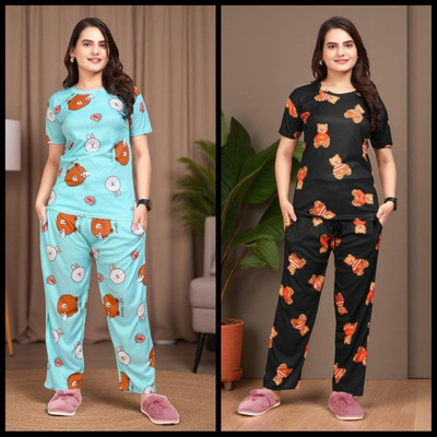 FASHION GREAB Women Printed Pink Top & Pyjama Set