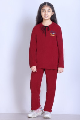 First Sleep Girls Printed Maroon Top & Pyjama Set