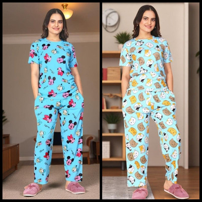 FASHION GREAB Women Printed Blue Top & Pyjama Set