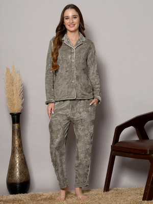 Fabinaliv Women Geometric Print Grey Night Suit Set