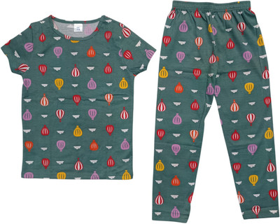 KANNIMAR Girls Printed Green Night Suit Set