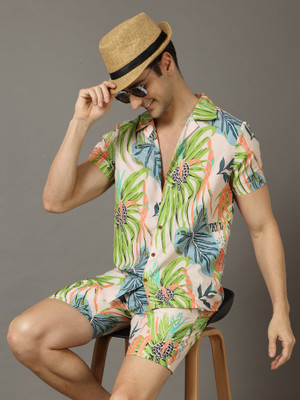 Bushirt Men Printed Pink Night Suit Set