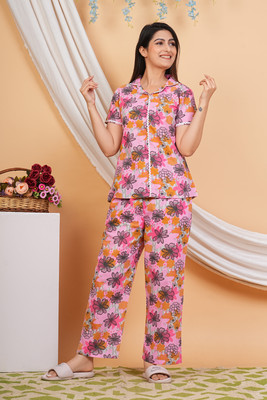 Loomista Women Floral Print Pink Night Suit Set
