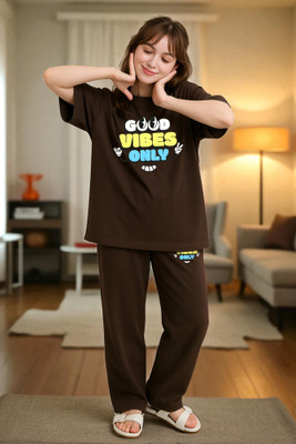 Elvia Women Graphic Print Brown Top & Pyjama Set