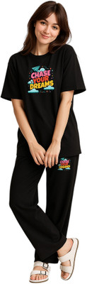 Shonisha Women Printed Black Top & Pyjama Set