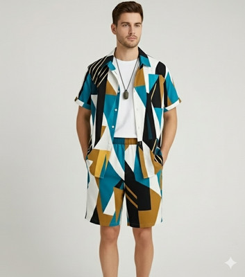 positive vibes Men Geometric Print Multicolor Shirt & Pyjama set