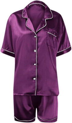 Vd hub Women Solid Purple Night Suit Set