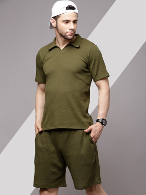 METRONAUT Men Solid Green Night Suit Set