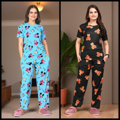 FASHION GREAB Women Printed Blue Top & Pyjama Set