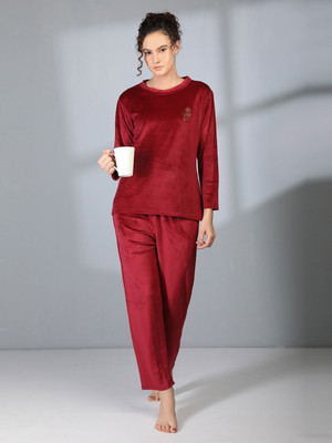 Duchess Women Solid Maroon Night Suit Set