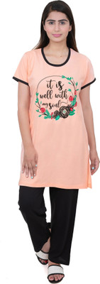 E-MAX Women Printed Orange, Black Top & Pyjama Set