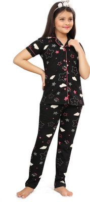 Bloem Girls Printed Black Shirt & Pyjama set