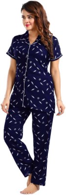 YAZIA Women Printed Dark Blue, White Shirt & Pyjama set