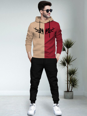 BLIVE Men Printed, Colorblock Beige, Red Night Suit Set