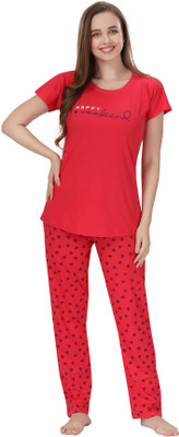 lovenote Women Printed Red Top & Pyjama Set