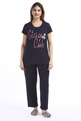E-MAX Women Printed Dark Blue Top & Pyjama Set