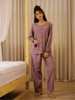 Chavar Women Solid Purple Night Suit Set