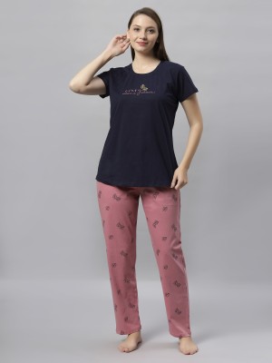 DZZO Women Printed Dark Blue Top & Pyjama Set