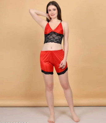 zevibo Women Solid Maroon Top & Shorts Set