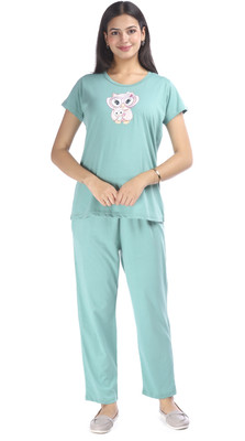 E-MAX Women Printed Green Top & Pyjama Set