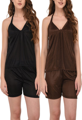 HouseOfCommon Women Solid Brown, Black Top & Shorts Set