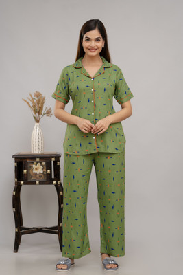TRINABH Women Printed Dark Green Night Suit Set