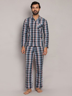 BSTORIES Men Checkered Dark Blue Shirt & Pyjama set