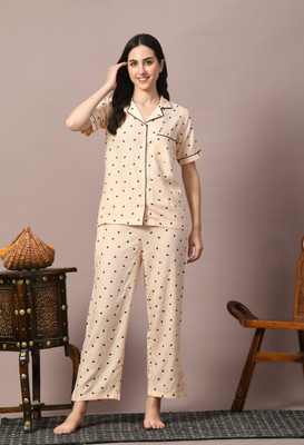 DreamBe Women Printed Beige Night Suit Set