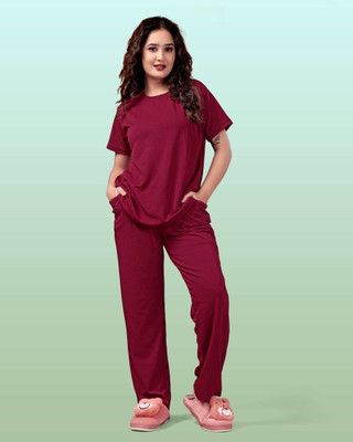 DreamBe Women Printed Maroon Top & Pyjama Set