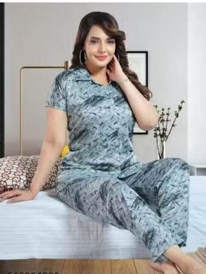shree shiv Women Printed Light Blue Shirt & Pyjama set