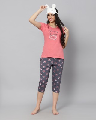 DZZO Women Printed Pink, Blue Top & Capri Set