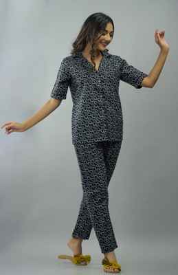 GORDHAN Women Printed Grey Shirt & Pyjama set