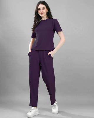 HouseOfCommon Women Colorblock Purple Night Suit Set