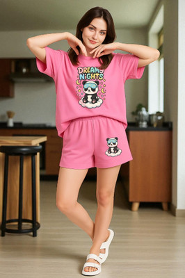 Elvia Women Printed Pink Top & Shorts Set