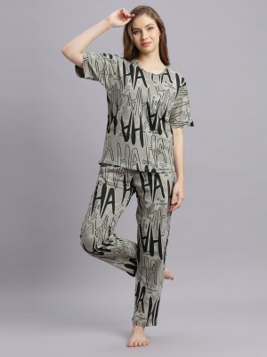 DZZO Women Printed Grey Top & Pyjama Set