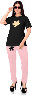 BALUDACLOTHES Women Self Design Black Top & Pyjama Set