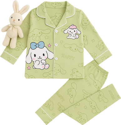 Chics Girls Graphic Print, Printed Green Shirt & Pyjama set