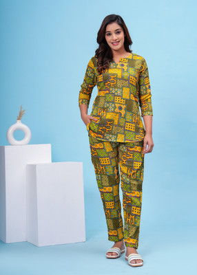 Dizon Women Printed Yellow Top & Pyjama Set
