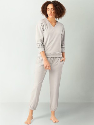 LILL Women Solid Grey Top & Pyjama Set