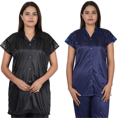 INSTRY Women Applique Black, Blue Night Suit Set