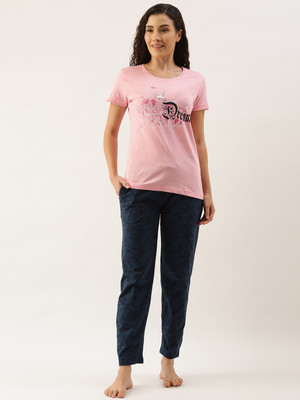 Kryptic Women Printed Pink Top & Pyjama Set