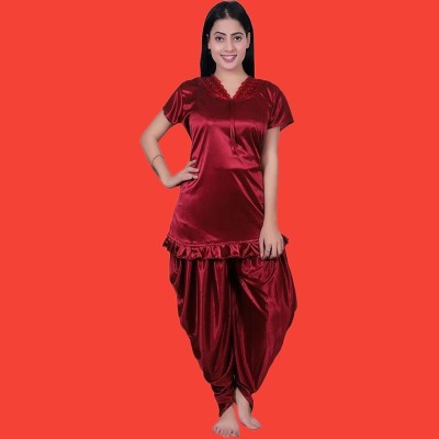 phkMall Women Solid Red Night Suit Set